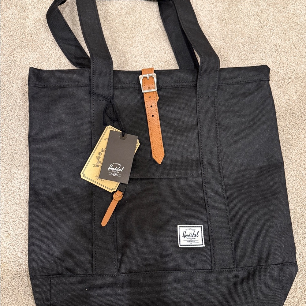 Herschel Black Tote Bag with Brown leather Accents